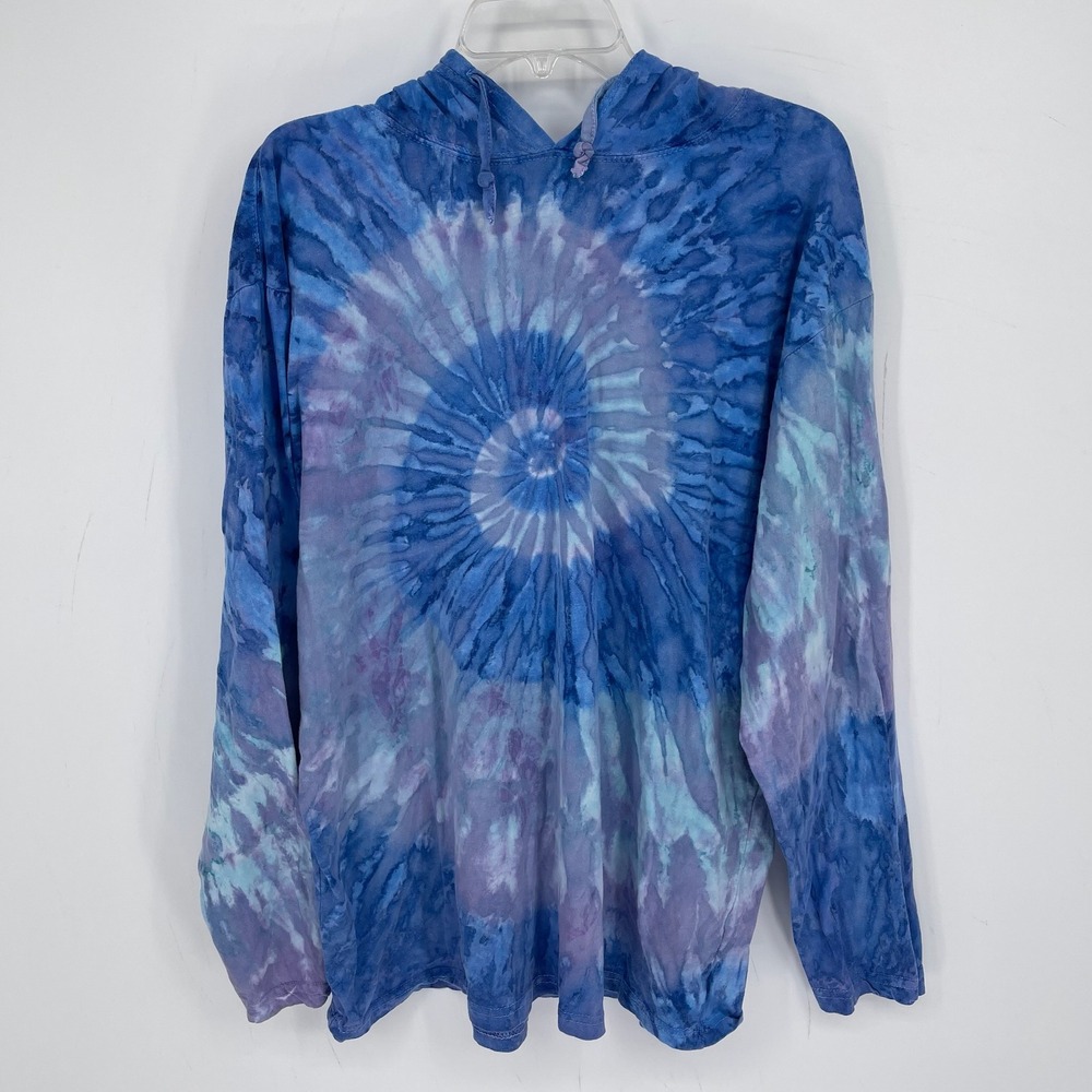 Colortone Women's Blue Spiral Tie Dye Long Sleeve Hoodie Sweatshirt Top Size XL